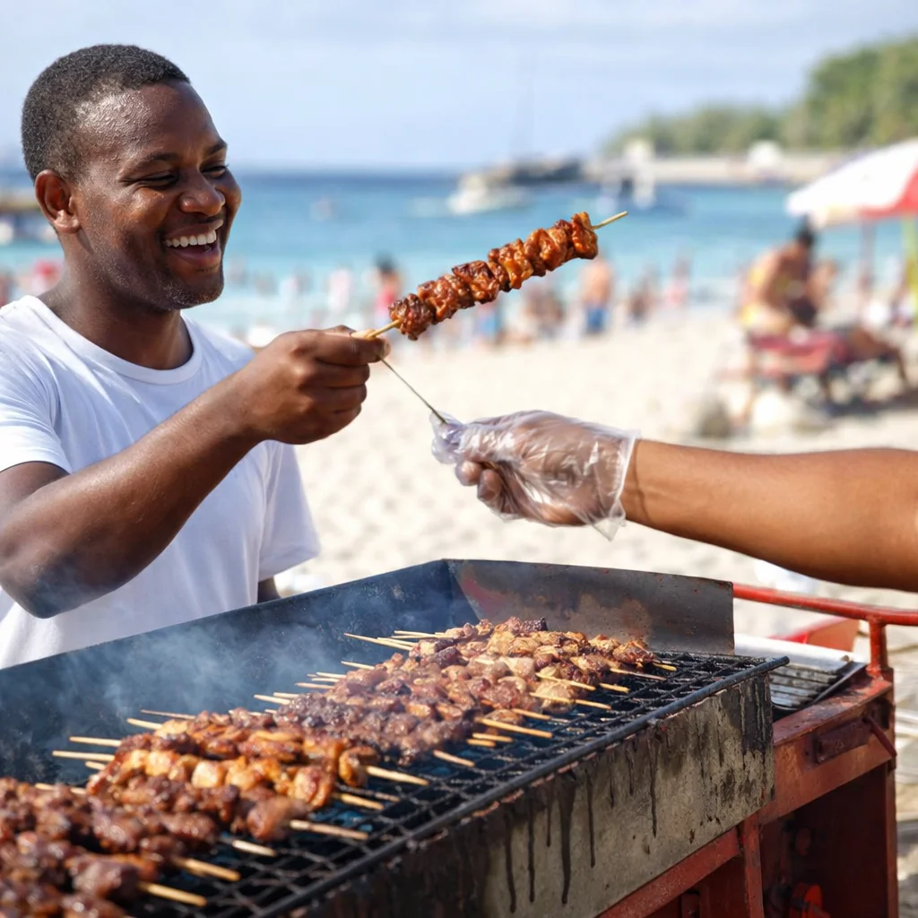 Vendedor de espetinho atendendo cliente na rua